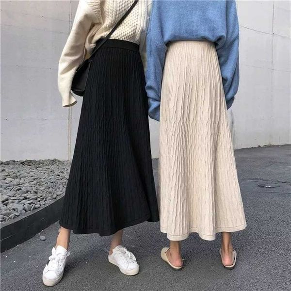 

skirts warm women solid causal skirt autumn winter elastic high waist knitted sweater long a line fashion elegant q27, Black