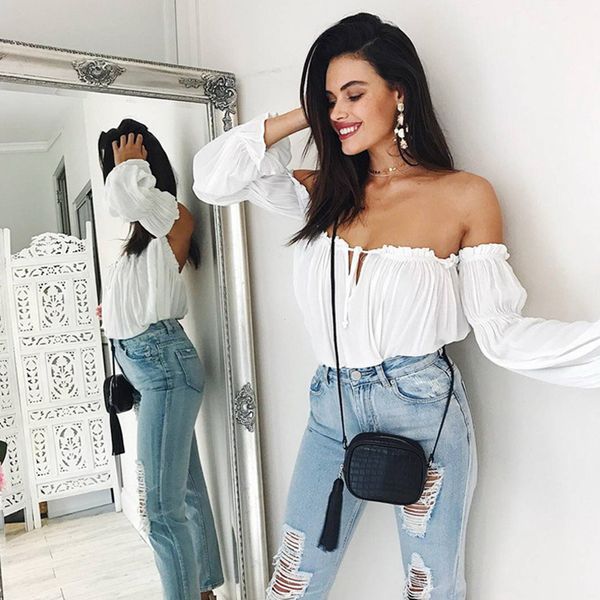 

off shoulder blouse casual slash neck long puff sleeve bow shirts ruffle chiffon bandage backless tube chemisier, White