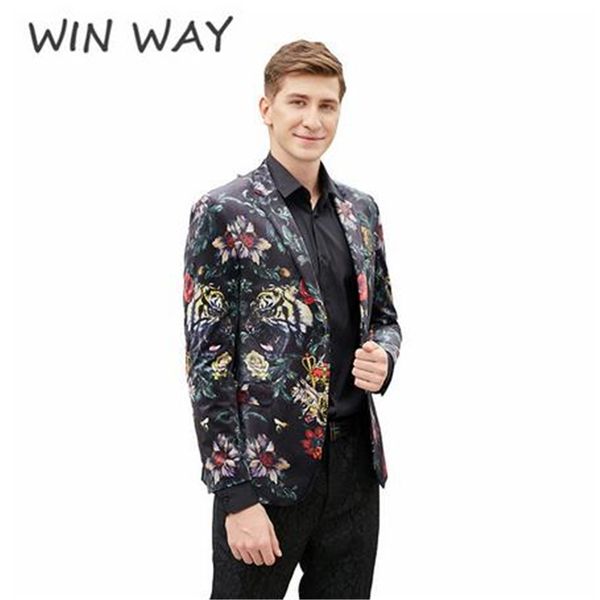 

win way luxurious flower print black suits blazer for men 2 button suit slim fit singer costume, White;black