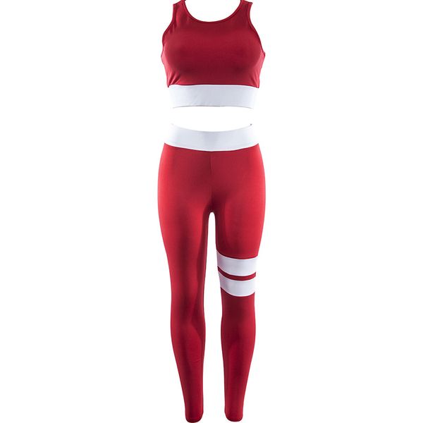 

women tracksuit solid yoga set patchwork running fitness jogging t-shirt leggings sports suit gym sportswear workout clothes, White;red