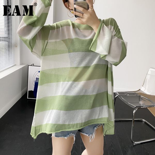 

eam] striped perspective big size knitting sweater loose round neck long sleeve women pullovers new fashion summer 2020 1w899, White;black