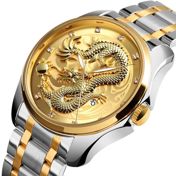 

skmei 9193 luxury golden quartz watch men calendar luminou chinese embossed dragon stainless steel wristwatch relogio-masculino, Slivery;brown