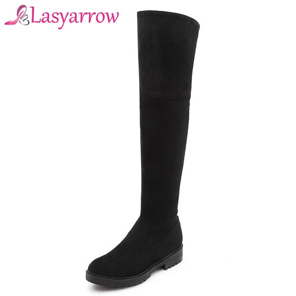 

lasyarrow autumn winter round toe knight boots women riding boots chunky low heel knee high with back zipper big size 43, Black