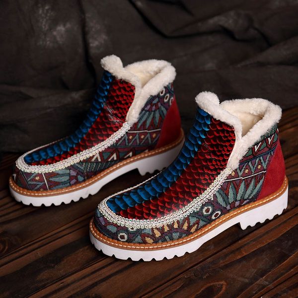 

winter plush insole snow boots women retro ethnic hand-colored stitching boot floral low heel casual plus velvet ankle booties, Black