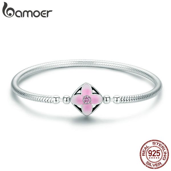 

bamoer authentic 925 sterling silver spring cherry flower square clasp snake chain bracelet sterling silver jewelry s925 scb065, Golden;silver