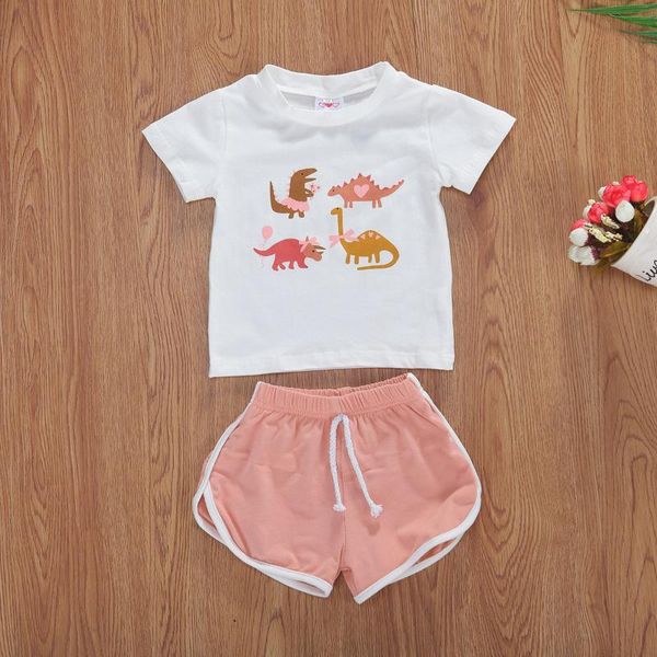 

2pcs моды дети baby girl летние одежды набор с коротким рукавом футболки динозавр + полосатые шорты outfit 6m-4y малышей девочка set, White