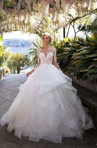 

layer ruffle skirts backless wedding dresses 2020 illusion long sleeves appliqued ball gowns bridal wedding gowns arabic vintage wb022, White