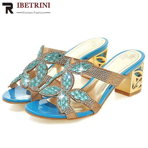 

ribetrini female fashion crystal shoes woman cool summer peep toe pumps women holiday casual high chunky heel mules, Black
