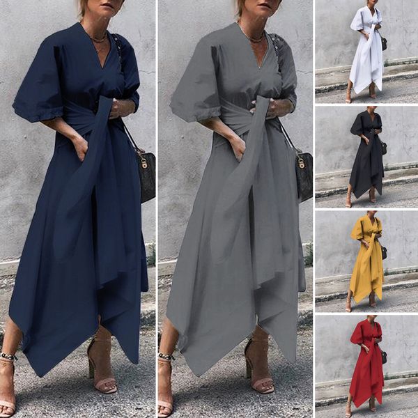 

summer dress vintage long maxi dress women short sleeve v neck asymmetrical high waist party vestidos plus size, Black;gray