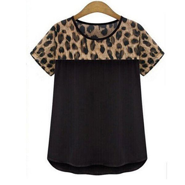 

fashion womens summer leopard print patchwork design cute loose chiffon short sleeve t-shirt casual t shirt, White