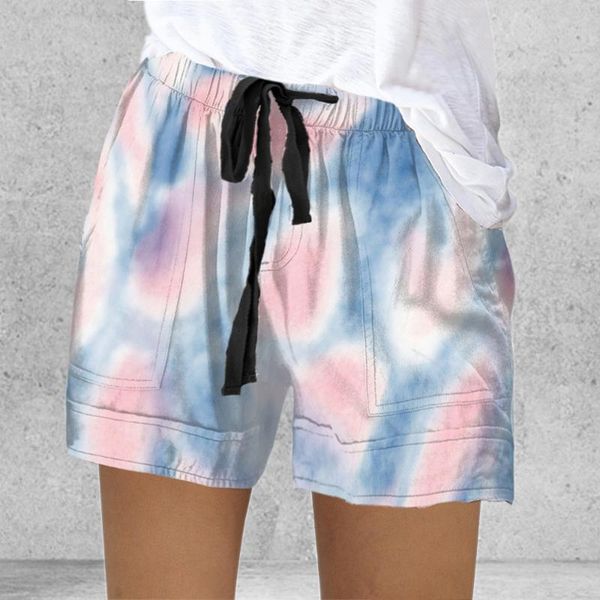 

calofe plus size s-5xl summer tie dye print high waist shorts for women 2020 belt lady casual button beach lace-up s, White;black