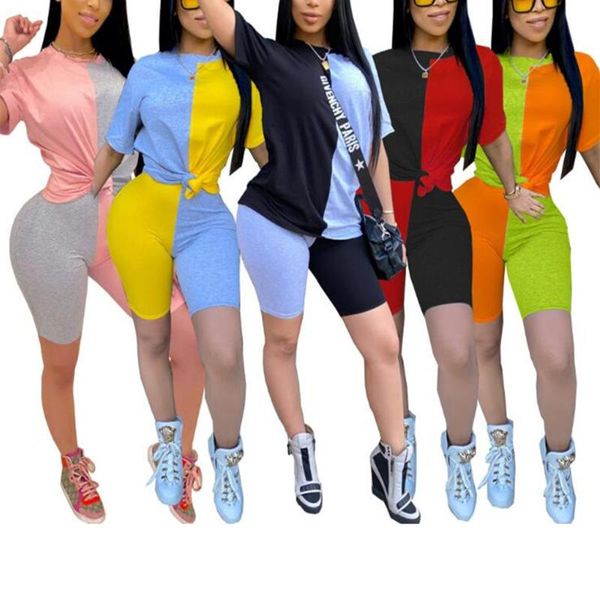

new women yoga set casual summer patchwork short sleeve ladies home yoga training wear sports fitness exercise high waist 2020, White;red