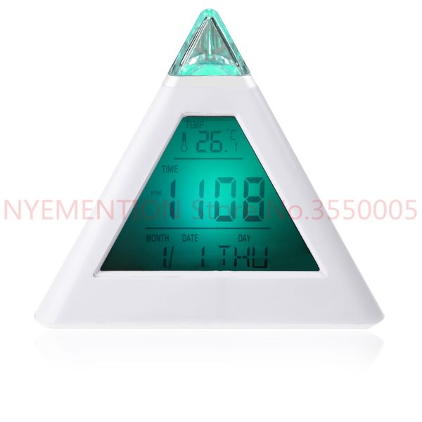 

50 pcs led color changing pyramid digital lcd snooze alarm clock triangle