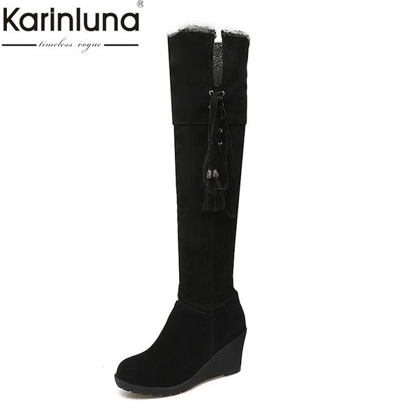 

karin new arrivals dropship big size 34-44 warm plush russia snow boots fashion wedge high heels knee high boots women shoes, Black