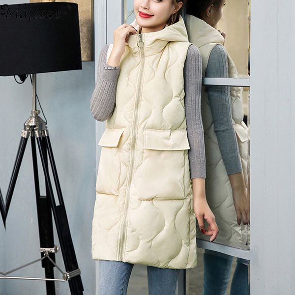 

vests women plus size 3xl winter warm elegant solid womens waistcoats long pockets zipper hooded ladies korean style loose chic, Black;white
