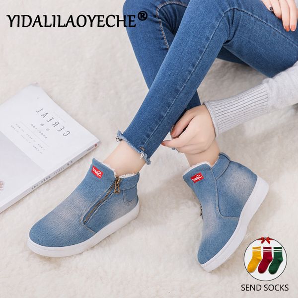

women's flat shoes denim plush ankle warm snow boots 2019 winter zipper platform waterproof shoes casual rubber soles, Black
