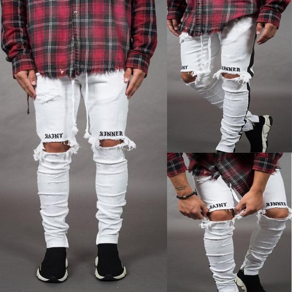 

mens new jeans white black holes ripped striped skinny pencil pants slim fit represent jeans, Blue