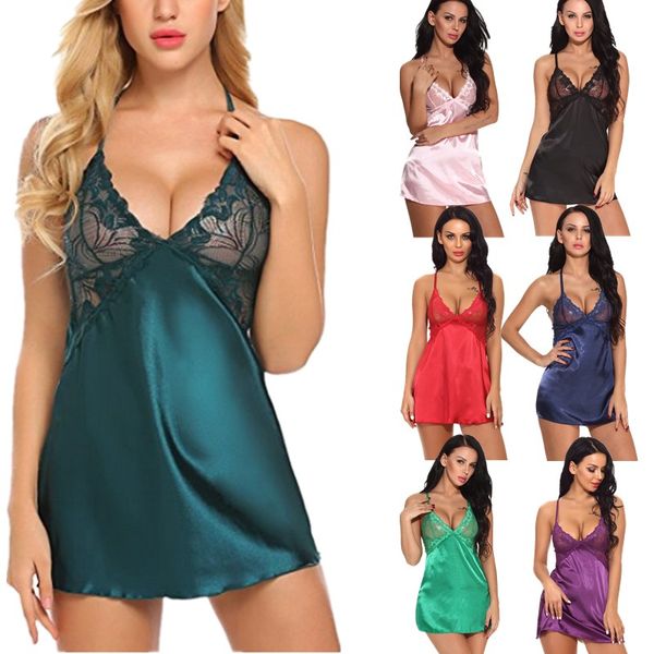 

women sleepwear floral lace cups criss-cross back silky satin babydoll dress s-xxl chemise lingerie panty set multicolor ent, Black;red