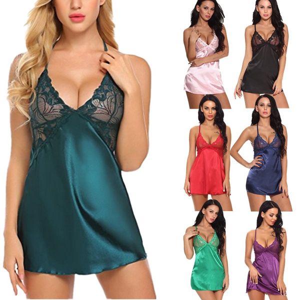 Kadınlar Seksi pijamalar Çiçek Dantel Bardaklar Criss-cross Geri İpeksi Saten Babydoll Elbise S-XXL Chemise İç Külot Seti Çok Renkli Ücretsiz Gönderi