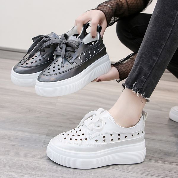 

women's shoes platform casual female sneakers all-match round toe increas height modis shallow mouth summer new 2020, Black