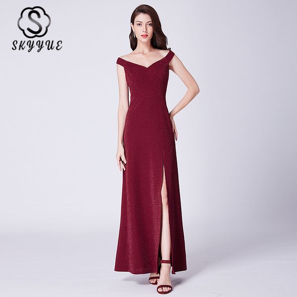 

skyyue evening gown v-neck sleeveless formal dresses cut-out robe de soiree split wrap off the shoulder evening dress 2019 c452, White;black