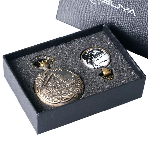 

vintage bronze train front locomotive engine necklace quartz pedent gift pocket watch chain gift box set, Slivery;golden