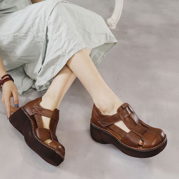 

vallu original spring and summer 2020 new thick-soled shoes female leather wedge heel baotou retro handmade women's shoes, Black