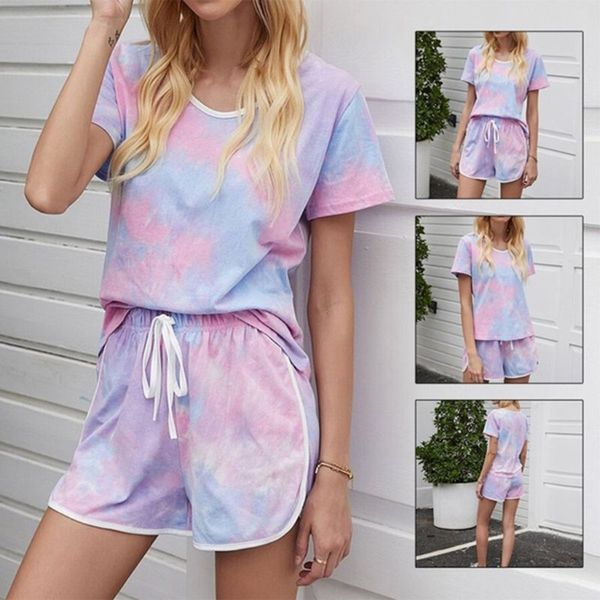 

женщины летнего 2pcs эпикировка gradient tie-dye с коротким рукавом ткань drawstring tracksuit девушки, White