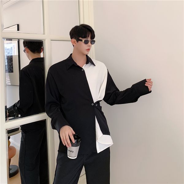 

мужчины черный белый сращивания повседневная длинные рукава повседневная рубашка мужчины женщины streetstyle рубашка, White;black