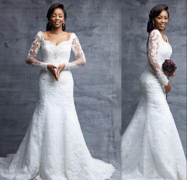 

robe de mariage v neckline mermaid long sleeve wedding dresses court train beaded sequins elegant african bride gowns selling, White