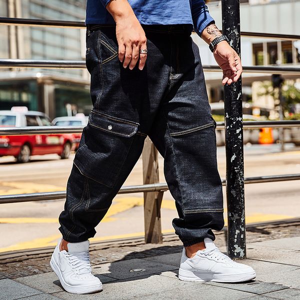 

2019 spring jeans men distressed jean multi pockets streetwear zipper jeans man black denim trousers plus size 30-40 42 44 46, Blue