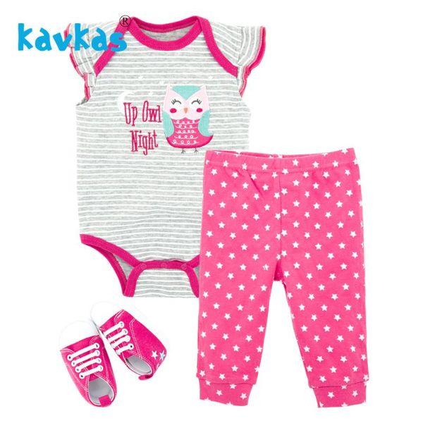 

kavkas infant newborn baby girls clothing set short sleeve romper pants shoes outfits cotton suit summer sets, White