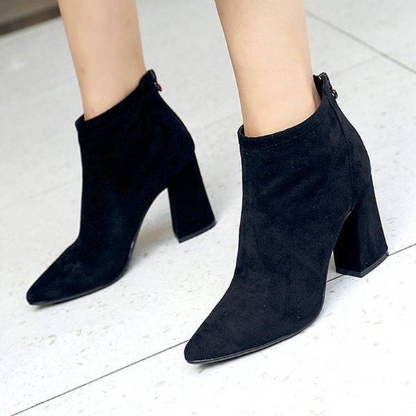 

size 35-38 nice new ankle flack boots women autumn pointed toes vintage zipper shoes woman high heels female formal dress boot, Black