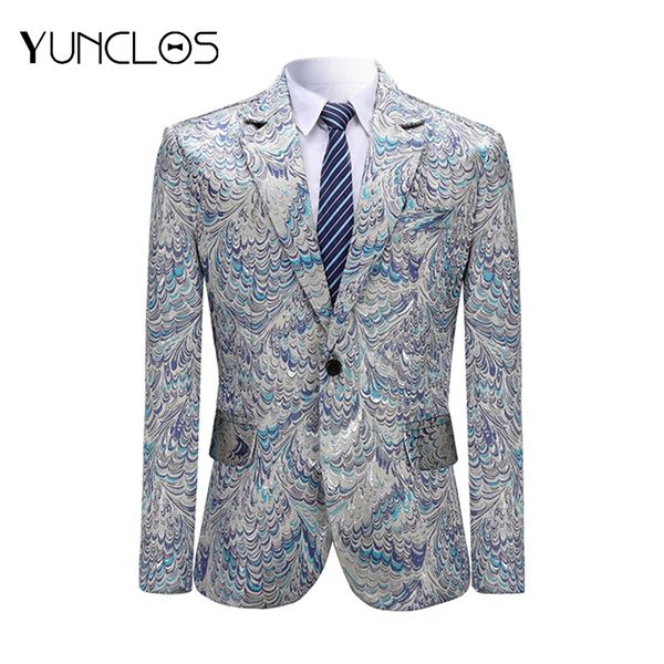 

yunclos 2019 blue one single button men blazer noble peacock pattern jacket party wedding singer stage blazer suit jacket xs-3xl, White;black