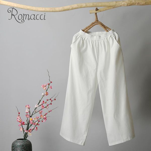 

vintage women pants cotton linen elastic high waist pockets straight wide legs holiday wear trousers 2019 new, Black;white