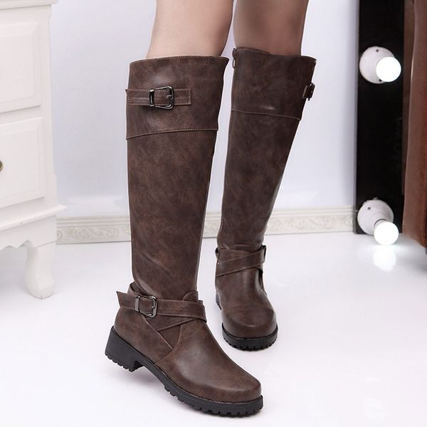 

women boots shoes belt buckle botas student casual middle tube large size boots the knee elastic women shoes 2019, Black