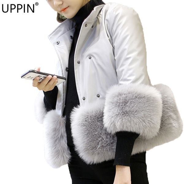 

uppin 2018 luxury women fur jacket winter pu leather warm coat thick faux fur parkas pink pu leather outwear female coat, Black