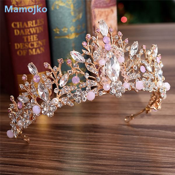 

Mamojko Luxury Pink Gold Silver Pearl Bridal Crowns Handmade Tiara Bride Crystal Wedding Crown Diadem Dress Hair Accessories
