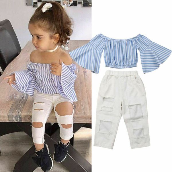 

fashion toddler baby girl kid off shoulder pants summer clothes outfits set, White