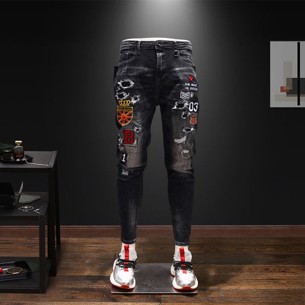 

men new trend ripped embroidery casual slim fit jeans pants, Blue