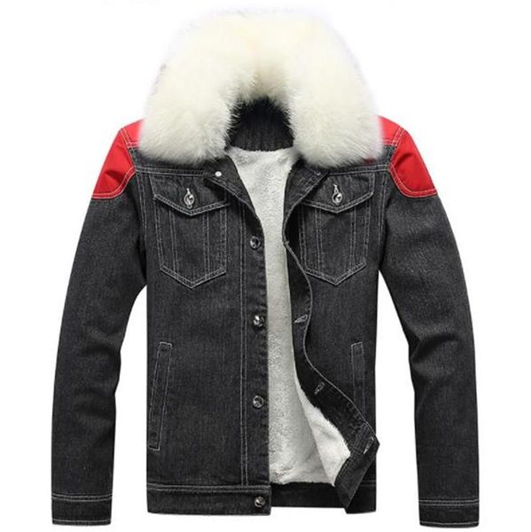

plus size mens winter coats fur collar denim jackets casual fleece long sleeved thick male coats fashion men jackets, Black;brown