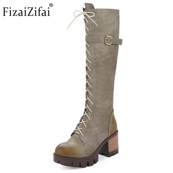 

fizaizifai women platform round toe knee boots woman vintage cross strap square heel shoes lady fashion knight botas size 34-43, Black