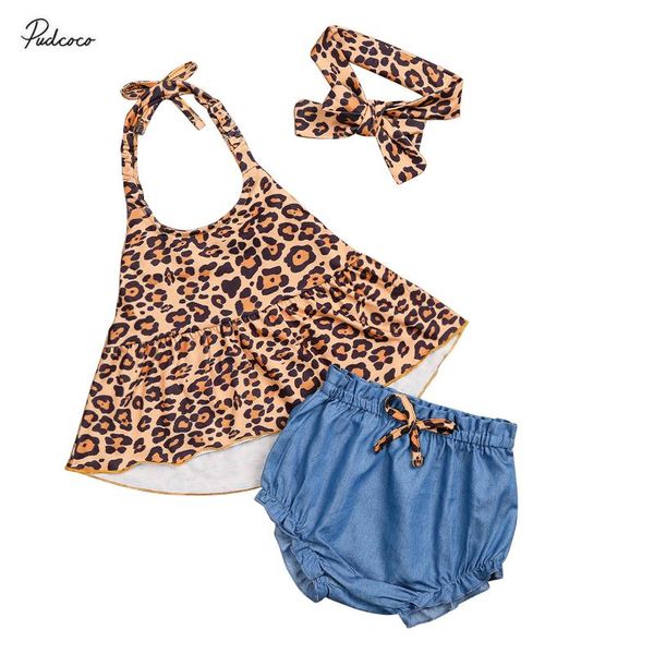 

clothing sets 2021 baby summer 3 pieces kids girls leopard print sleeveless strappy pants+headband suit set, White