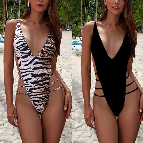 

neck v one piece swimsuit women leopard style swimwear solid swimming suit female pierced beach wear bathing suit