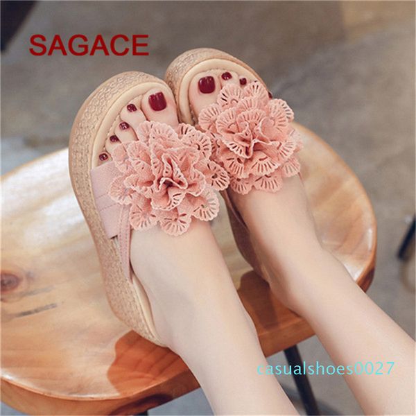 

sagace slipper shoes fashion women summer flower platform wedges slipper casual beach round toe shoes new travel c27, Black