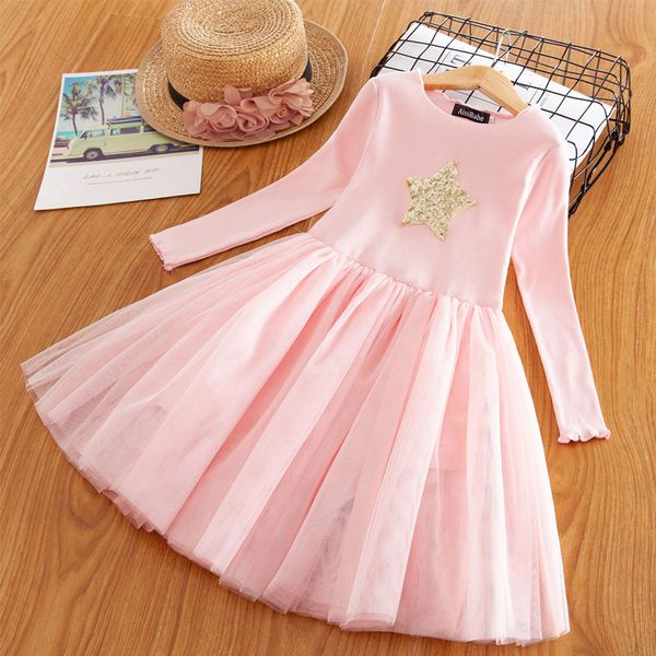 

3-8y girl dress five-pointed star sequines kids party dresses for girls clothes casual autumn winter children princess dress, Red;yellow