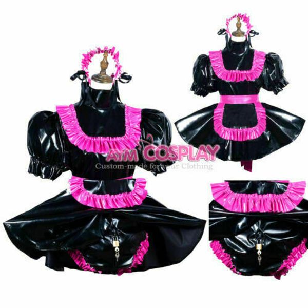 

new sissy maid pvc dress vinyl uniform cd/tv tailor-made, Black;red