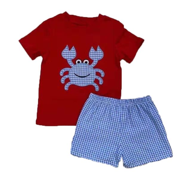 

holiday beach wear boutique baby outfit set summer boys clothing sets embroidery crab and pants boutique kids clothes, White