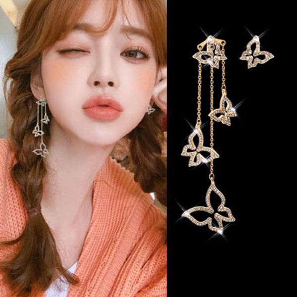 

new korean version butterfly inlay crystal asymmetric earrings long tassel women for drop pendientes trendy brincos, Silver