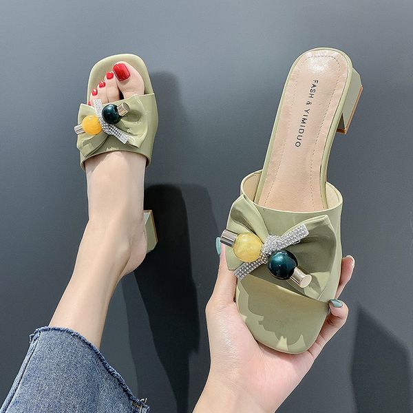 

square heel butterfly-knot shoes woman 2020 med string bead woman's slippers multicolored sandals slides block new, Black